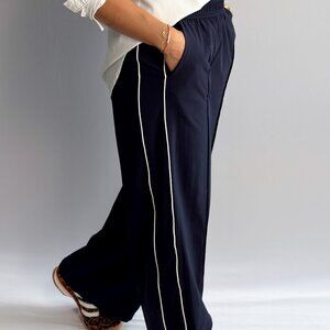 Women’s Navy Blue Track Pants with White Piping, Wide-Leg Pull-On – Thread & Sup